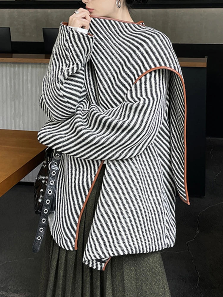 "Chic Asymmetry" Striped Shawl Jacket
