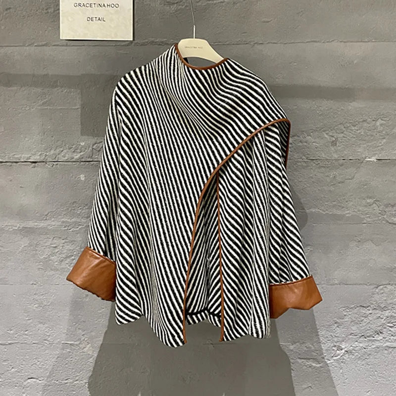 "Chic Asymmetry" Striped Shawl Jacket