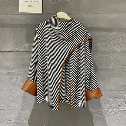 "Chic Asymmetry" Striped Shawl Jacket