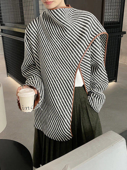 "Chic Asymmetry" Striped Shawl Jacket