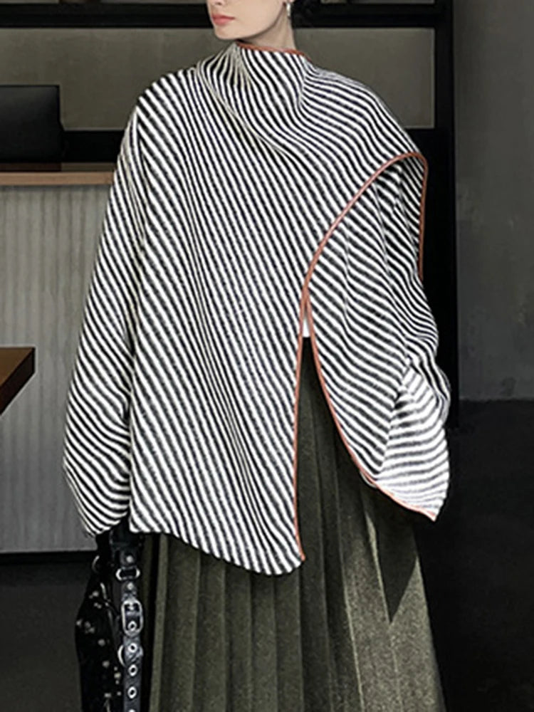 "Chic Asymmetry" Striped Shawl Jacket